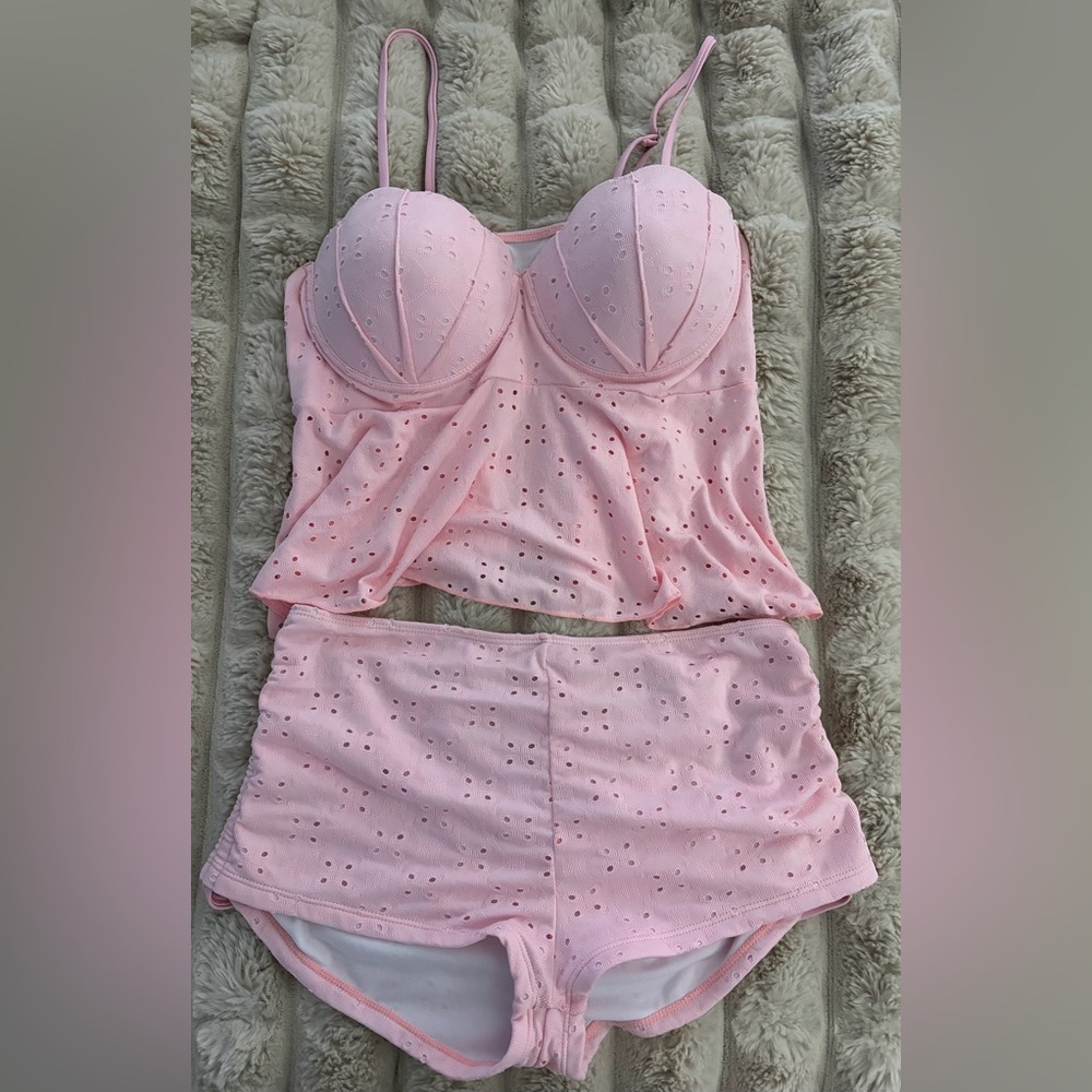 Pink Eyelet Lace Bralette and Skirt Set